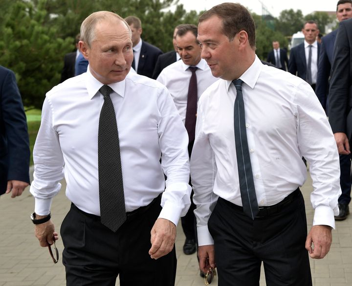 Russian President Vladimir Putin, left, and then-Prime Minister Dmitry Medvedev in 2019.