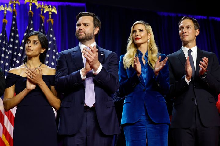 Ivanka Trump and Jared Kushner, right, applaud Donald Trump's victory speech with Usha Vance and Vice President-elect J.D. Vance.