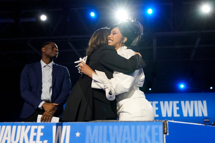 Cardi B on stage with Kamala Harris