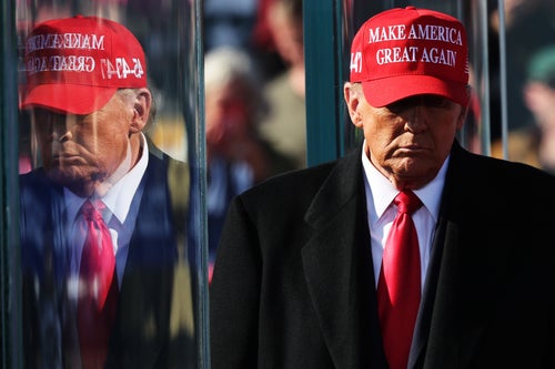 Republican Donald Trump walks off the stage after speaking during a campaign rally on Sunday, Nov. 3, 2024, in Lititz, Pennsylvania.