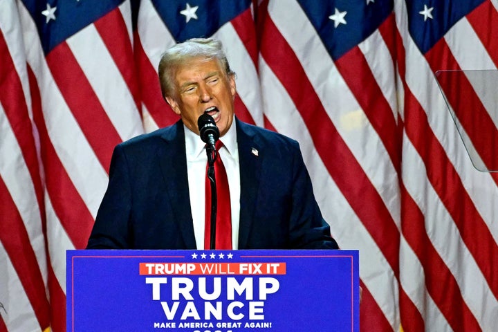 Donald Trump speaks during an election night event at the West Palm Beach Convention Center in West Palm Beach, Florida, early on Nov. 6, 2024. The Republican former president closed in on a new term in the White House early Nov. 6, 2024, just needing a handful of electoral votes to defeat Democratic Vice President Kamala Harris.