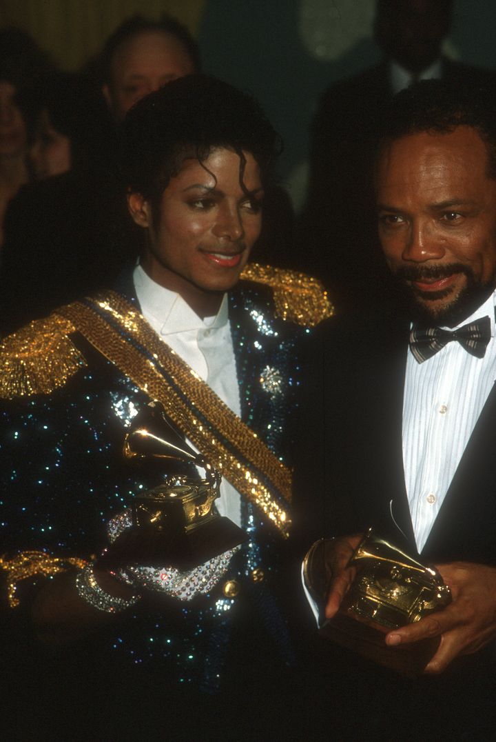 Jones and Michael Jackson pose for a portrait after winning at the Grammys for their work on the album "Thriller," Feb. 28, 1984.