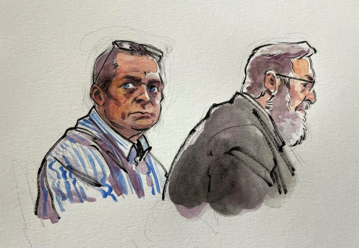 In this courtroom sketch from Nov. 2, Richard Allen (left) is seated by one of his defense attorneys, Andrew Baldwin, at the Carroll County Courthouse in Delphi, Indiana.