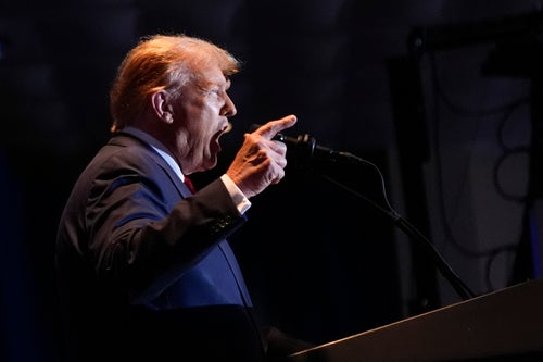 Republican Donald Trump speaks at a primary election night party in Columbia, South Carolina, on Feb. 24, 2024.