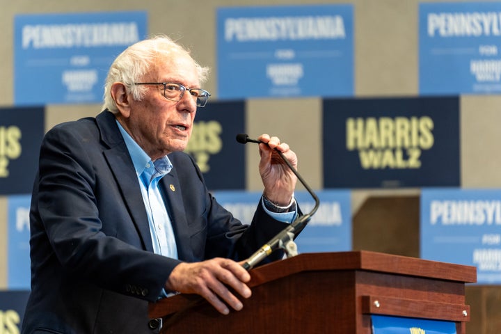 Sen. Bernie Sanders (I-Vt.) speaks at a labor rally for Harris-Walz in Harrisburg, Pennsylvania, on Oct. 27, 2024. 