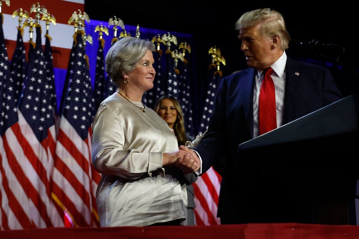 WEST PALM BEACH, FLORIDA - NOVEMBER 05: Republican presidential nominee, former U.S. President Donald Trump praises his campaign senior advisor Susie Wiles during an election night event at the Palm Beach Convention Center on November 06, 2024 in West Palm Beach, Florida. Americans cast their ballots today in the presidential race between Republican nominee former President Donald Trump and Vice President Kamala Harris, as well as multiple state elections that will determine the balance of power in Congress. (Photo by Chip Somodevilla/Getty Images)