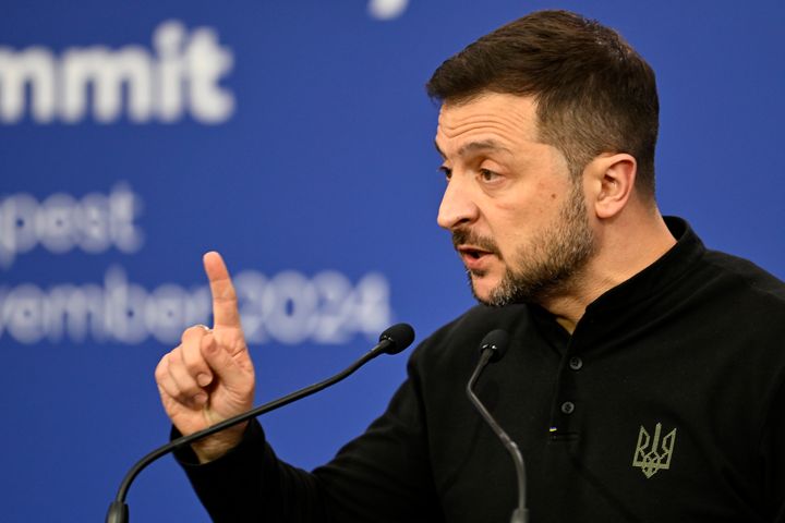 Ukraine's President Volodymyr Zelenskyy speaks during a press conference during the European Political Community (EPC) Summit at the Puskas Arena in Budapest.