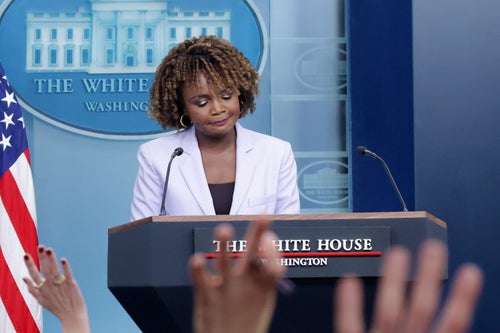 During a daily news briefing at the White House on Thursday, White House press secretary Karine Jean-Pierre discusses the importance of a peaceful transfer of power to the Trump administration.