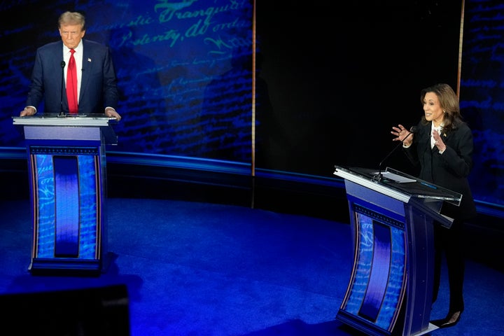 Republican presidential nominee former President Donald Trump watches as Democratic presidential nominee Vice President Kamala Harris speaks during an ABC News presidential debate, Sept. 10, 2024, in Philadelphia. (AP Photo/Alex Brandon, File)