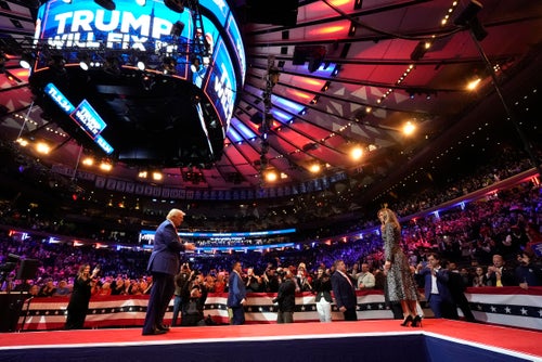 Republican presidential nominee former President Donald Trump and former first lady Melania Trump during at a campaign rally at Madison Square Garden, Sunday, Oct. 27, 2024, in New York. (AP Photo/Alex Brandon)