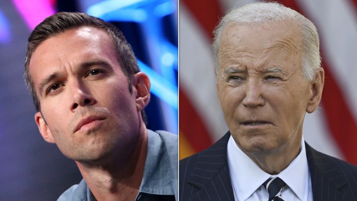 "Pod Save America" host Jon Favreau, left, and President Joe Biden