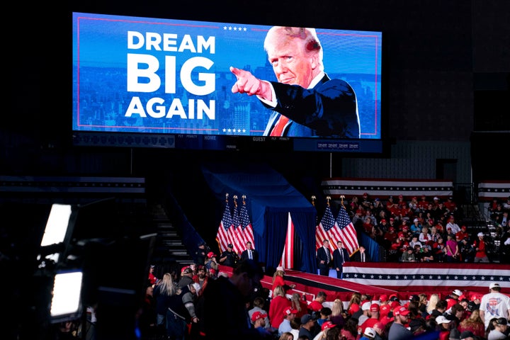 Signage during the closing campaign event with former US President Donald Trump, not pictured, at Van Andel Arena in Grand Rapids, Michigan, US, on Monday, Nov. 4, 2024. Photographer: Sarah Rice/Bloomberg via Getty Images