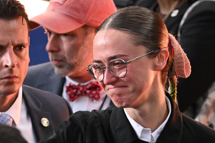 Ella Emhoff gets emotional as she reaches to hug someone after Vice President Democratic presidential candidate Kamala Harris spoke at Howard University in Washington, D.C., on Nov. 6.