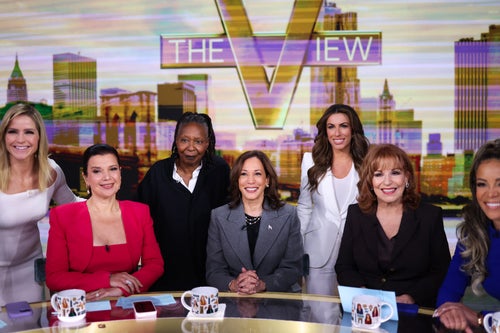 Vice President Kamala Harris poses with co-hosts of "The View" on Oct. 8. A question from Sunny Hostin (first from right) appeared to catch her off guard.