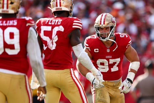Nick Bosa of the San Francisco 49ers celebrates a sack during the second half of the 49ers' victory in Tampa, Fla. 