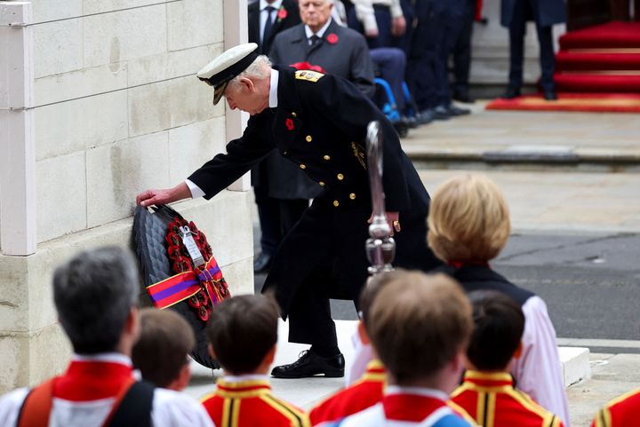 King Charles lays a wreath as he attends the Remembrance Sunday ceremony at The Cenotaph in London