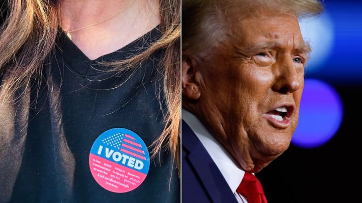 The author (left) with her I Voted sticker on Nov. 5, 2024, and Donald Trump (right), who will begin his second White House term in January.