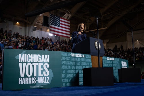 Vice President Kamala Harris speaks Nov. 3 at a campaign rally at Jenison Field House on the Michigan State University campus in Lansing.
