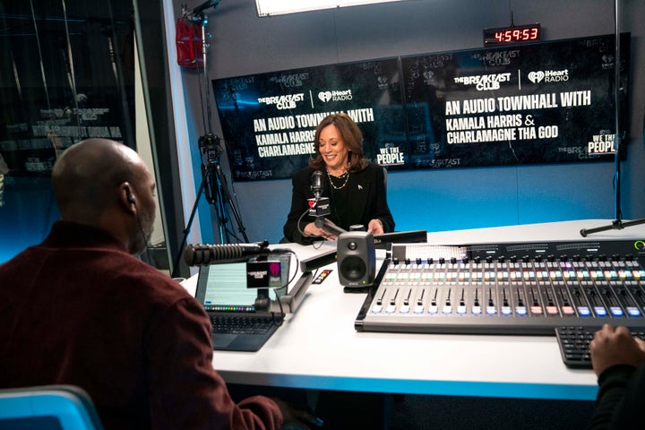 Vice President Kamala Harris sits down for an iHeart Radio conversation with Charlamagne tha God, host of "The Breakfast Club," on Oct. 15 in Detroit.