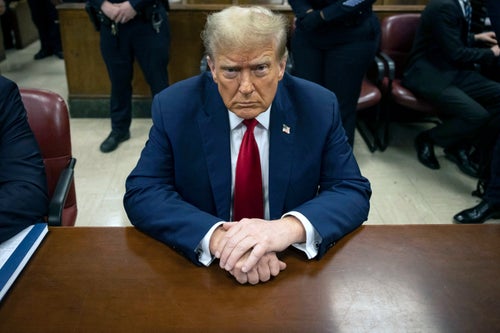 Former President Donald Trump waits for the start of proceedings in Manhattan criminal court, on April 23, 2024, in New York.