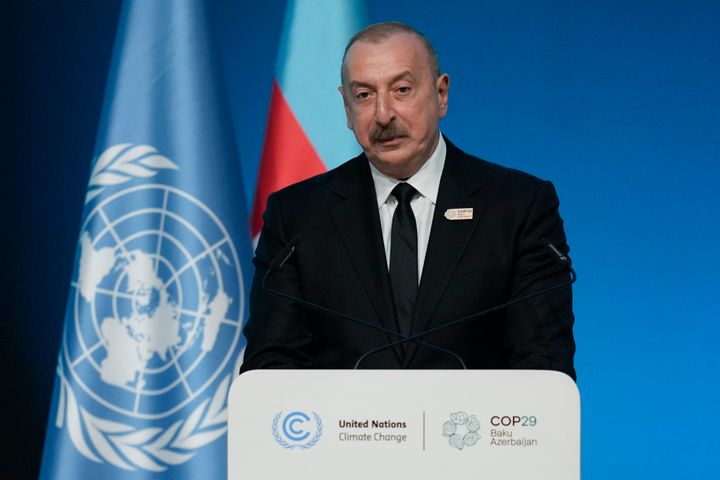 Ilham Aliyev, Azerbaijan president, speaks during a plenary session at the COP29 Climate Summit.