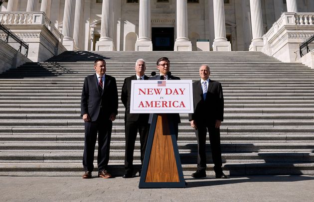 Speaker of the House Mike Johnson (R-La.), center, speaks during a news conference on the results of the 2024 election outside of the U.S. Capitol Building on Nov. 12.