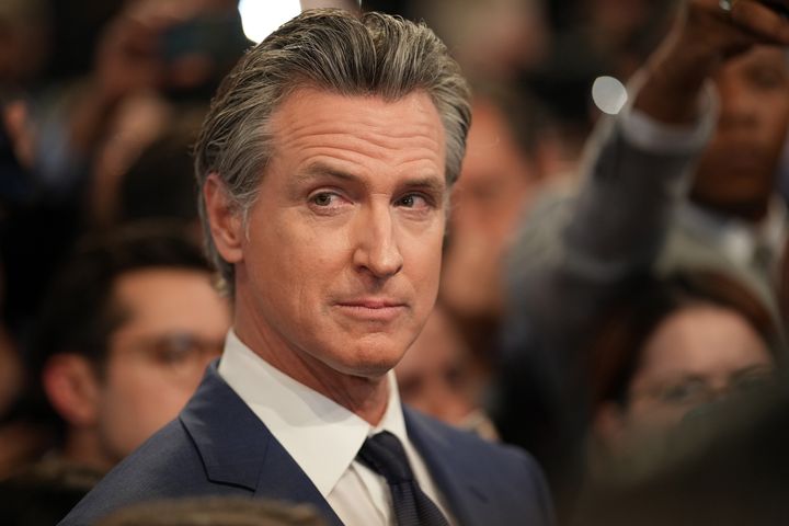 Newsom speaks to reporters in the spin room following the presidential debate between President Joe Biden and then-Republican presidential candidate Donald Trump in June. 