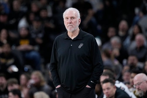 San Antonio Spurs head coach Gregg Popovich during the second half of an NBA basketball game against the Orlando Magic in San Antonio, Wednesday, Jan. 31, 2024. (AP Photo/Eric Gay)
