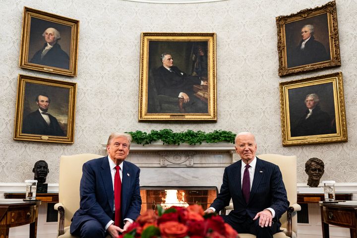 US President Joe Biden, right, and President-elect Donald Trump during a meeting in the Oval Office of the White House in Washington, DC, US