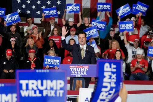 Rep. Matt Gaetz (R-Fla.) speaks at a campaign event on Nov. 4 in Atlanta, Georgia.
