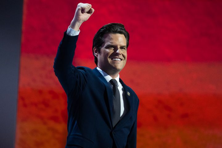 Rep. Matt Gaetz prepares to speak at the Republican National Convention in July.