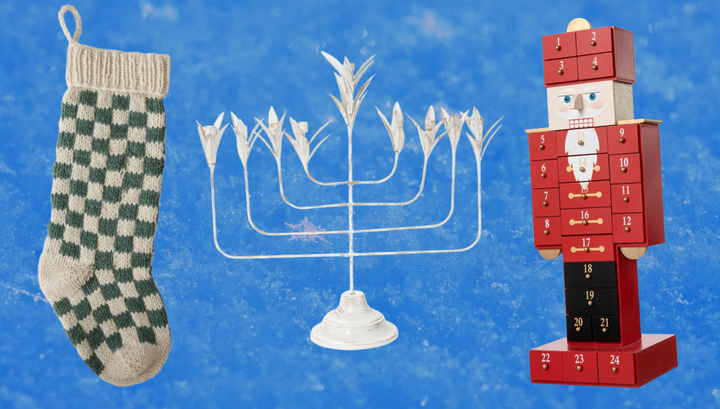 A knit stocking, menorah and nutcracker Advent calendar
