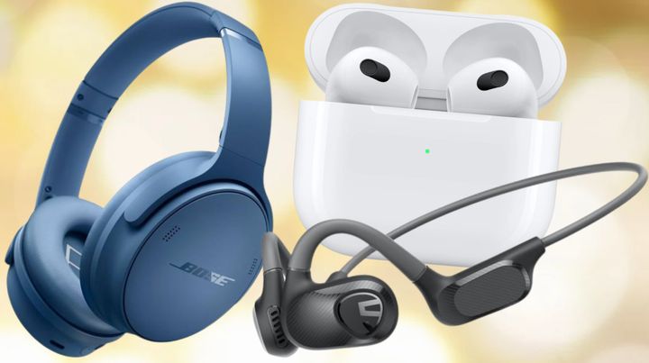 Bose headphones, Apple AirPods and SoundPEATS open ear air conduction headphones. 