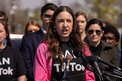 Chaya Raichik, creator of the TikTok account LibsOfTiktok, speaks during a news conference outside the US Capitol in Washington, D.C., on March 23, 2023.