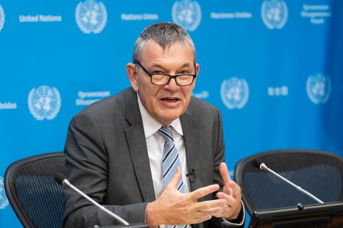 Philippe Lazzarini, commissioner-general of the United Nations Relief and Works Agency for Palestine Refugees in the Near East (UNRWA), speaks to the press at the U.N. Headquarters in New York on Nov. 13, 2024.