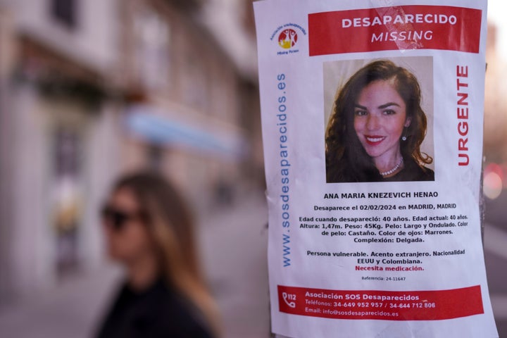 A missing poster for Ana Maria Knezevich Henao is displayed on a streetlight in Madrid, Spain, in February.