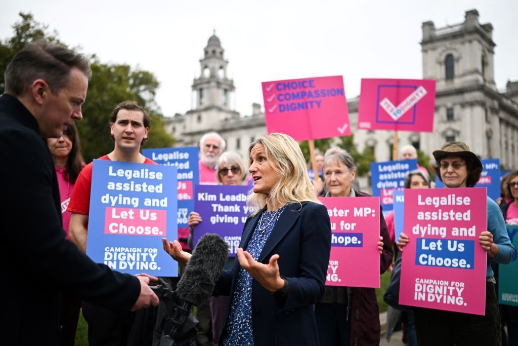 Kim Leadbeater speaks to the press during a gathering in favour of the proposal to legalise euthanasia in the UK.