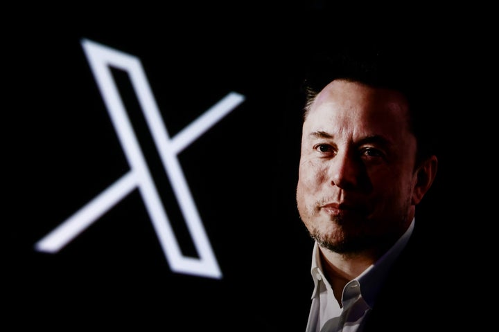 A portrait picture of Elon Musk photographed in Krakow, Poland, on Jan. 22, 2024 and X, formerly Twitter, logo are screened for illustration photo.