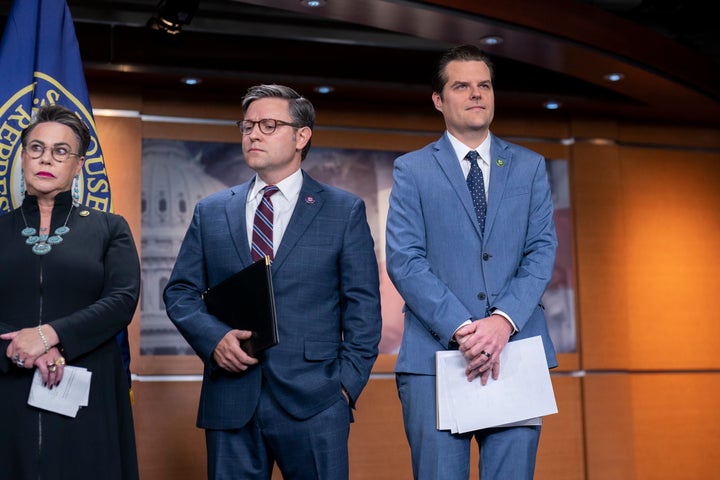 From left, Rep. Harriet Hageman (R-Wyo.), Rep. Mike Johnson (R-La.) and Rep. Matt Gaetz (R-Fla.) stand at a news conference in 2023.