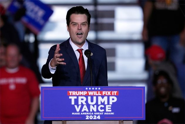 Rep. Matt Gaetz, R-Fla., speaks before Republican presidential nominee former President Donald Trump speaks at a campaign rally at Lee's Family Forum, Thursday, Oct. 31, 2024, in Henderson, Nev. (AP Photo/Evan Vucci)