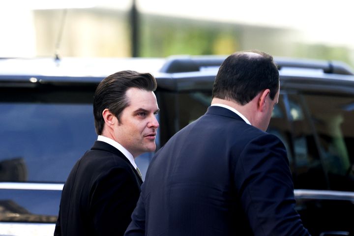 Former Rep. Matt Gaetz (R-Fla.), left, and Boris Epshteyn, an adviser to President-elect Donald Trump, arrive for a House Republican conference meeting Wednesday in Washington.