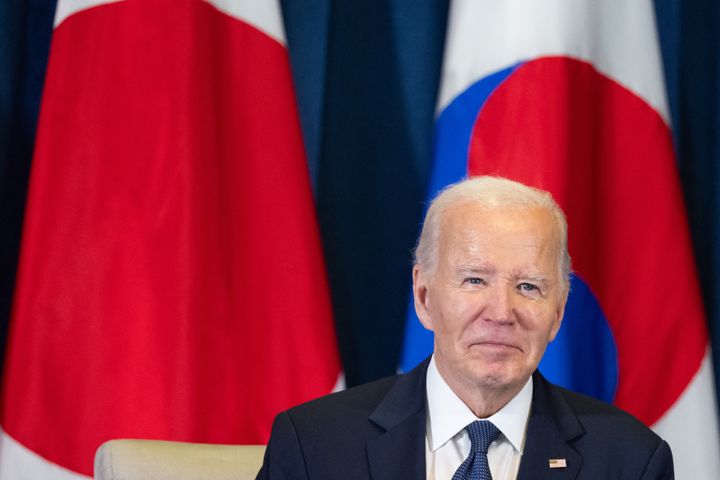 US President Joe Biden participates in a trilateral meeting with Japanese Prime Minister Shigeru Ishiba and South Korean President Yoon Suk Yeol on the sidelines of the Asia-Pacific Economic Cooperation (APEC) summit in Lima, Peru, November 15, 2024.