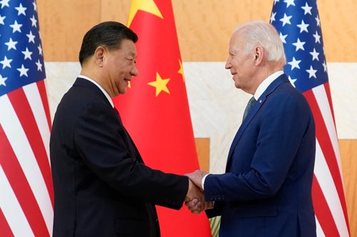 U.S. President Joe Biden and Chinese President Xi Jinping shake hands before their meeting on the sidelines of the G20 summit meeting, Nov. 14, 2022, in Nusa Dua, in Bali, Indonesia. (AP Photo/Alex Brandon)