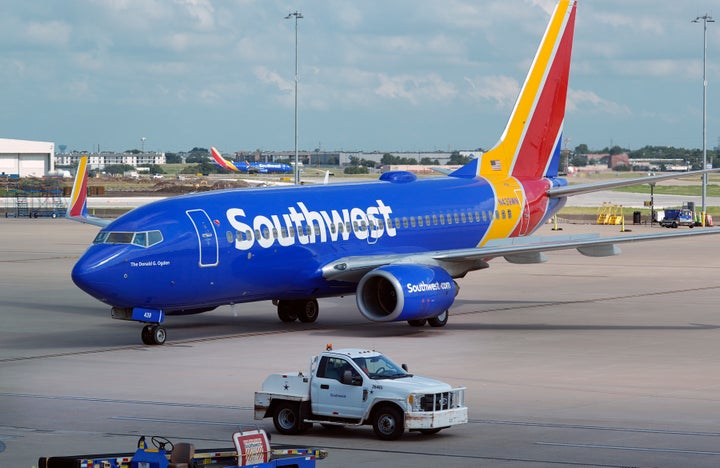 A Southwest Airlines plane moves to depart from Love Field in Dallas, July 25, 2024.