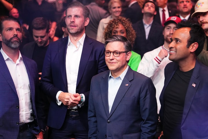 NEW YORK, NEW YORK - NOVEMBER 16: (L-R) Donald Trump Jr, Eric Trump, Mike Johnson and Vivek Ramaswamy look on during the UFC 309 event at Madison Square Garden on November 16, 2024 in New York City. (Photo by Jeff Bottari/Zuffa LLC)