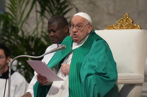 Pope Francis delivers his speech during a mass on the occasion of the World Day of the Poor in St. Peter's Basilica, at the Vatican, on Nov. 17, 2024.