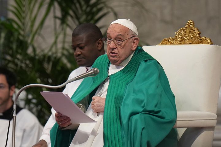 Pope Francis delivers his speech during a mass on the occasion of the World Day of the Poor in St. Peter's Basilica, at the Vatican, on Nov. 17, 2024.