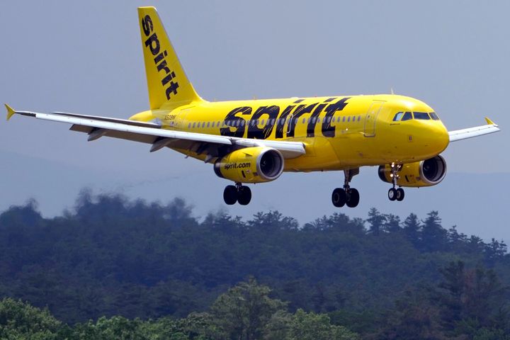 A Spirit Airlines 319 Airbus approaches Manchester Boston Regional Airport for a landing, on June 2, 2023, in Manchester, N.H.