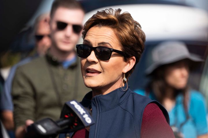 Kari Lake holds a press conference at the Mesa Convention Center polling location on Election Day in Mesa, Arizona, November 5, 2024.