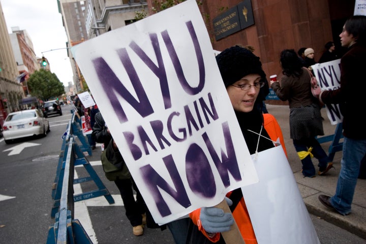 New York Universtiy graduate teaching assistants go on strike demanding that the university recognize their right to collectively bargain for higher pay as members of the UAW.